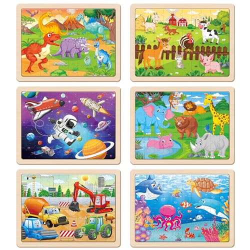 SYNARRY 6-Pack Wooden Jigsaw Puzzles for Kids Ages 4–6