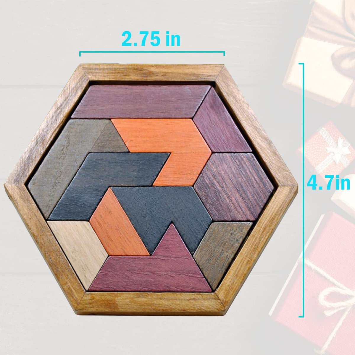 KINGOU Wooden Hexagon Tangram Brain Teaser Puzzle Game