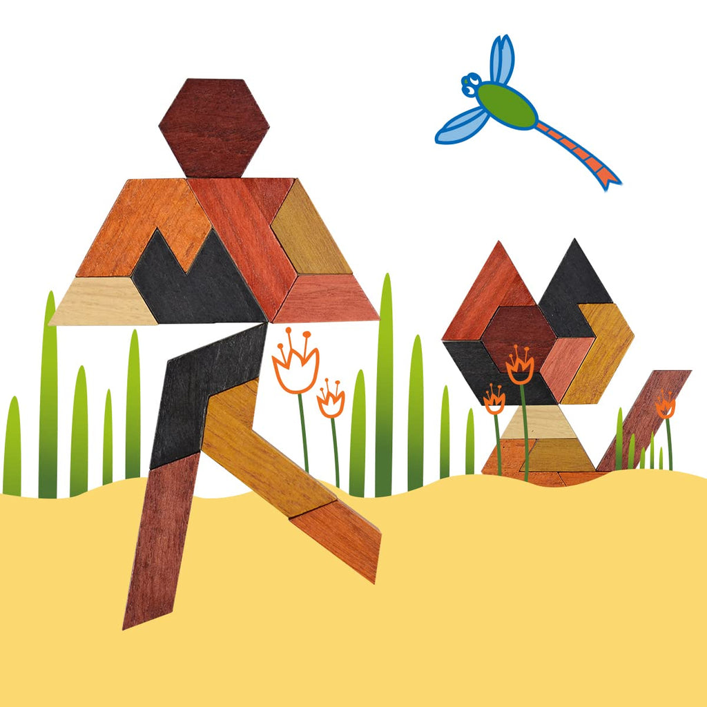 KINGOU Wooden Hexagon Tangram Brain Teaser Puzzle Game
