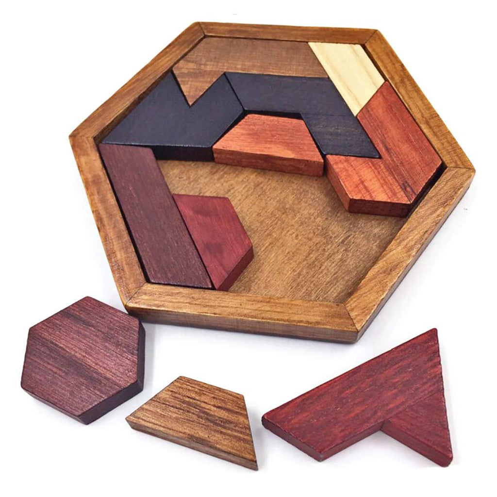 KINGOU Wooden Hexagon Tangram Brain Teaser Puzzle Game