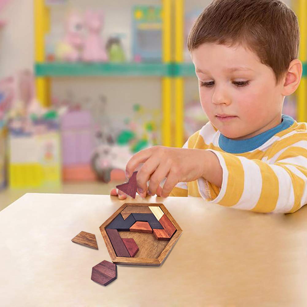 KINGOU Wooden Hexagon Tangram Brain Teaser Puzzle Game