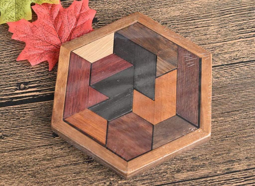 KINGOU Wooden Hexagon Tangram Brain Teaser Puzzle Game
