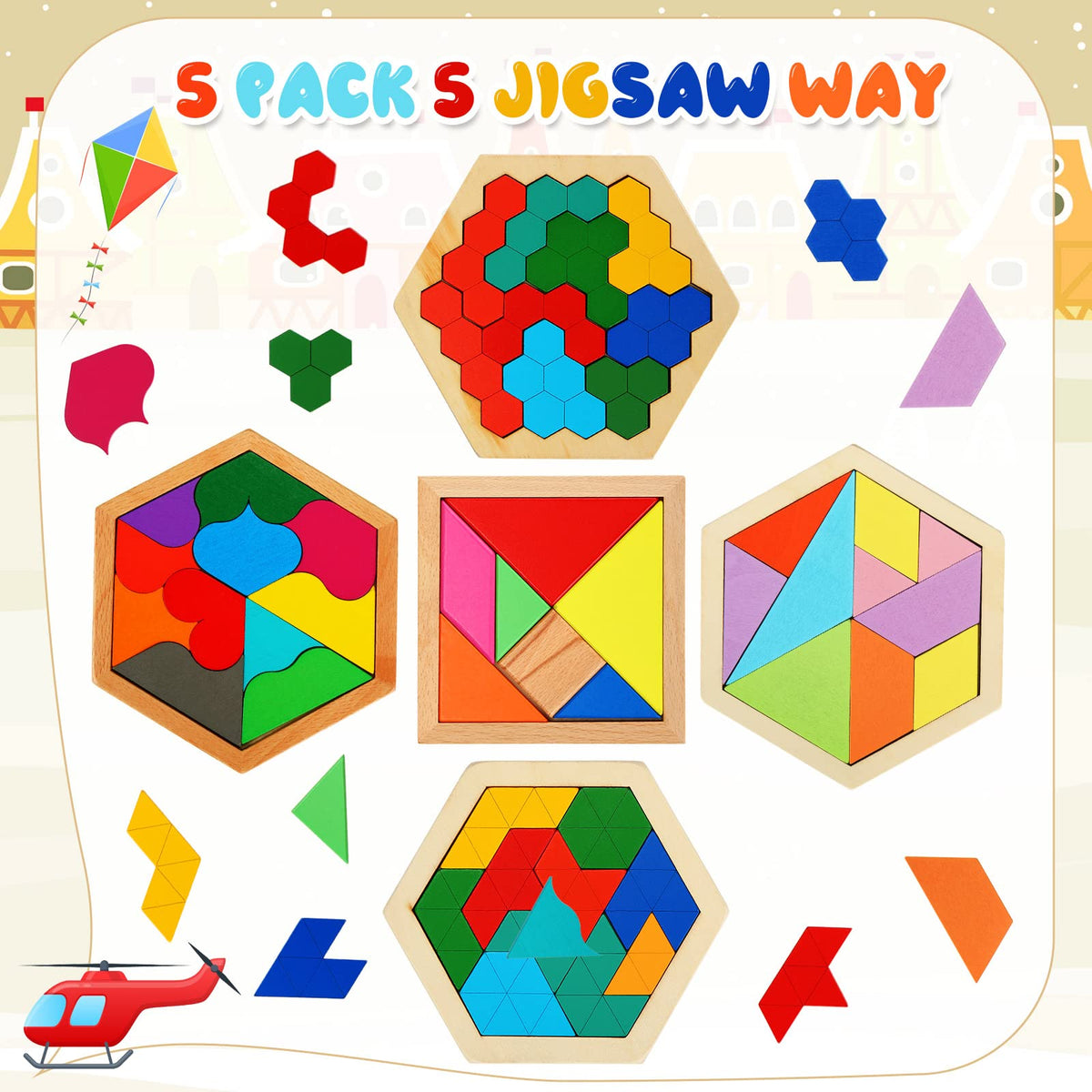 5-Pack Wooden Tangram Brain Teaser Puzzle Set for Kids