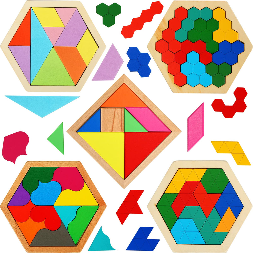 5-Pack Wooden Tangram Brain Teaser Puzzle Set for Kids