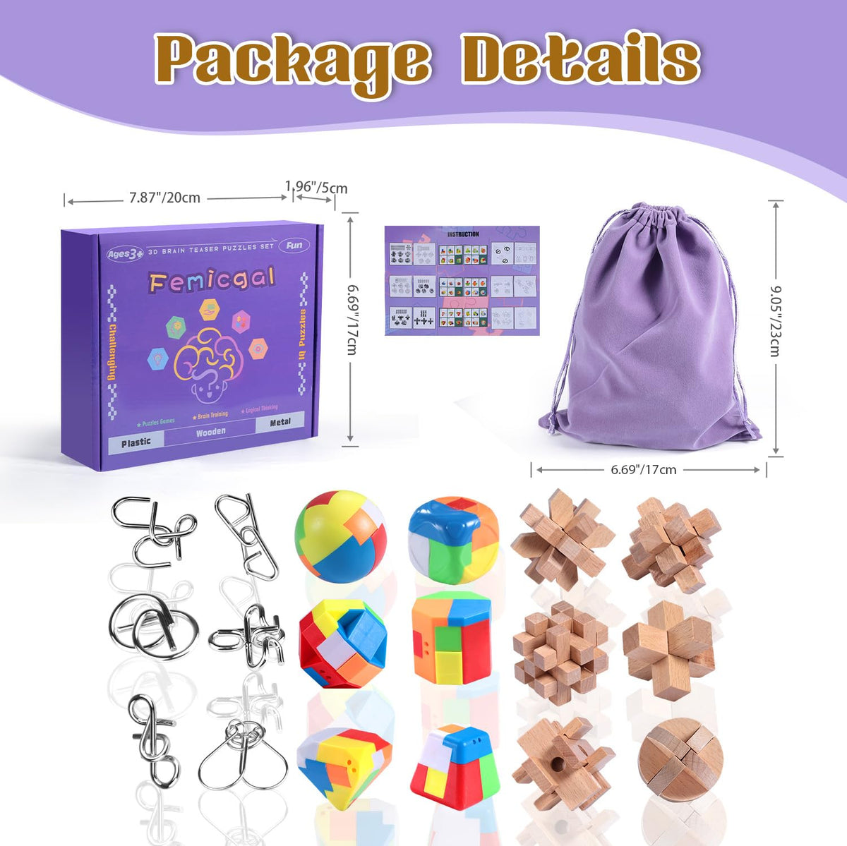 3D Brain Teaser Puzzle Set for Kids, Teens & Adults
