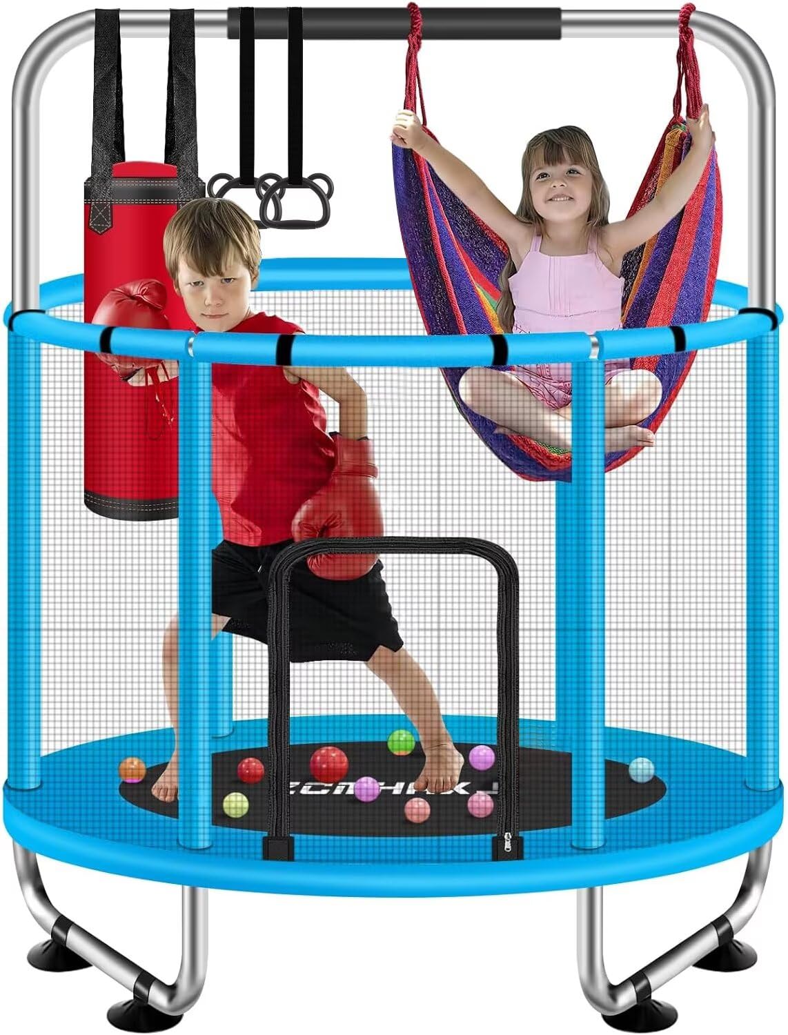 55-Inch Kids Trampoline with Enclosure & Gymnastics Bar