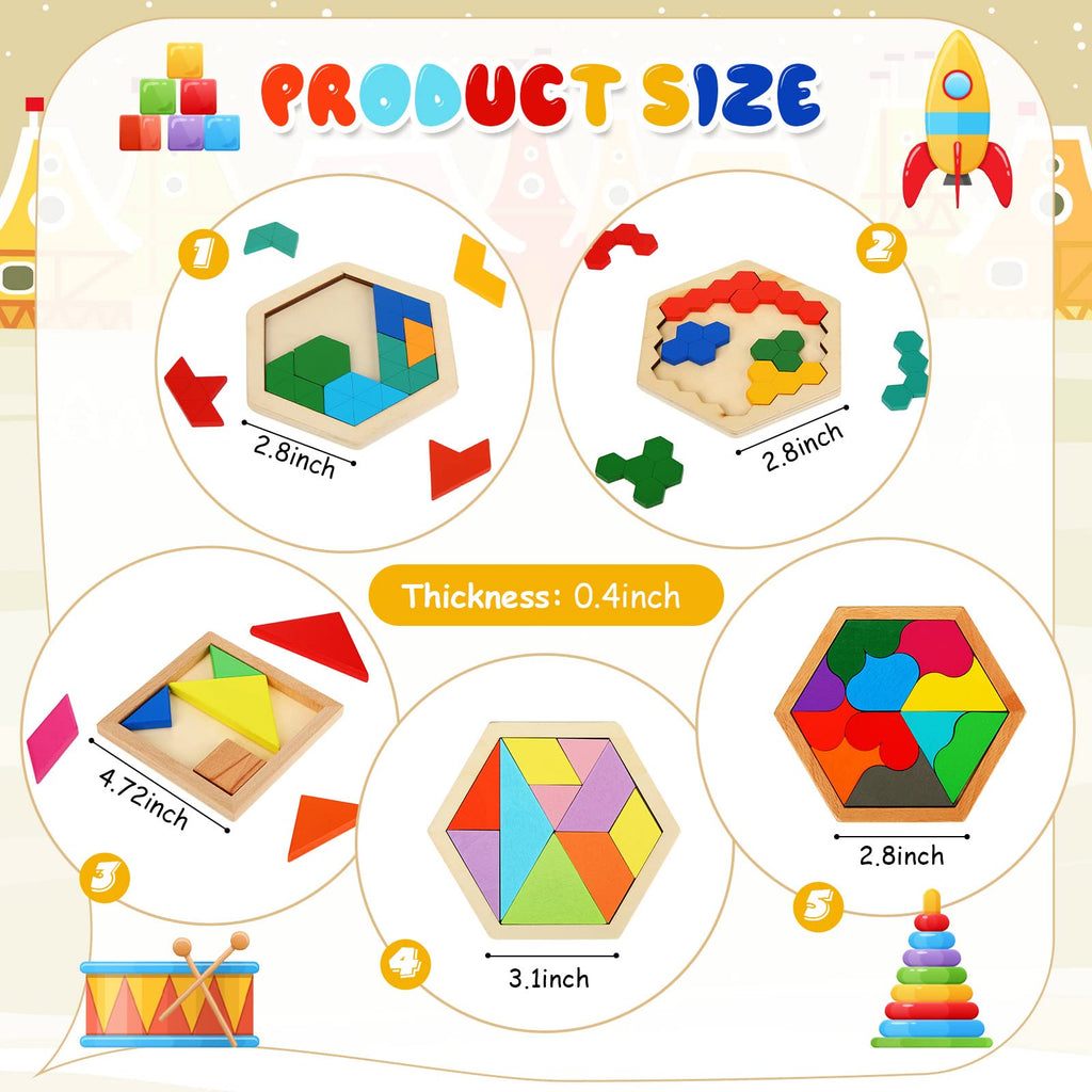 5-Pack Wooden Tangram Brain Teaser Puzzle Set for Kids