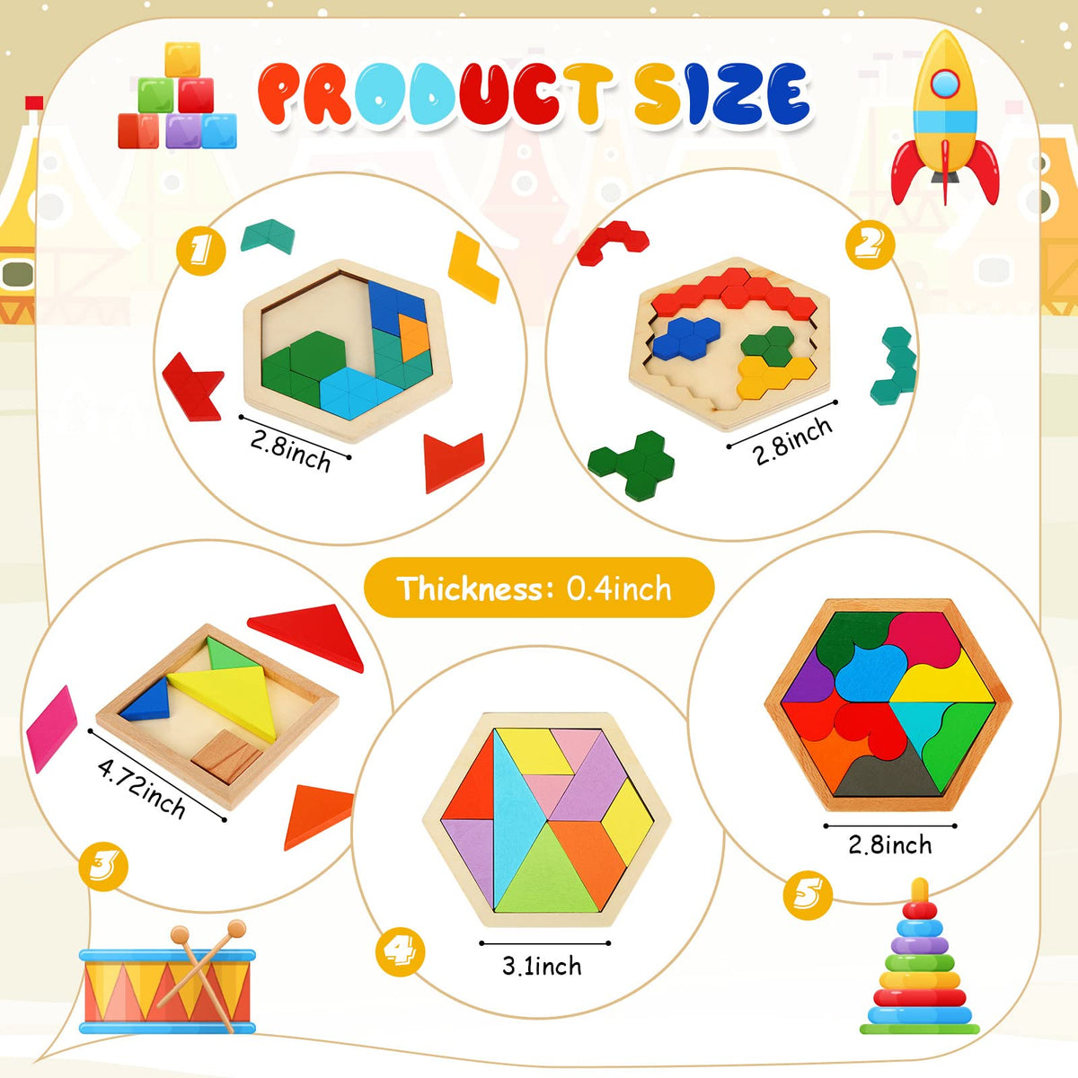 5-Pack Wooden Tangram Brain Teaser Puzzle Set for Kids
