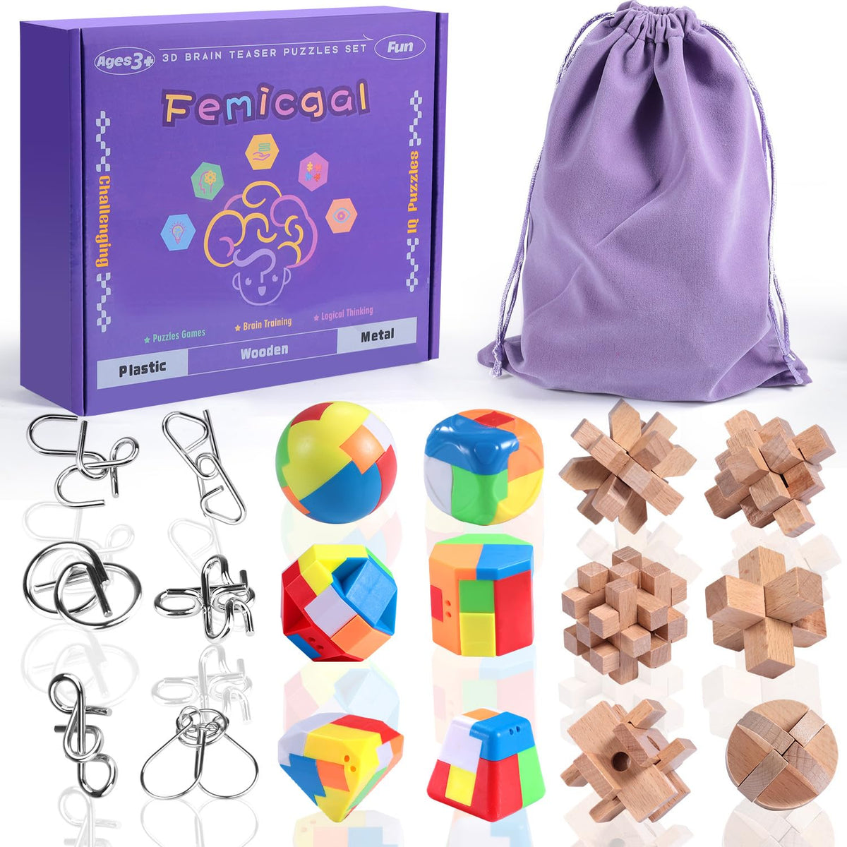3D Brain Teaser Puzzle Set for Kids, Teens & Adults