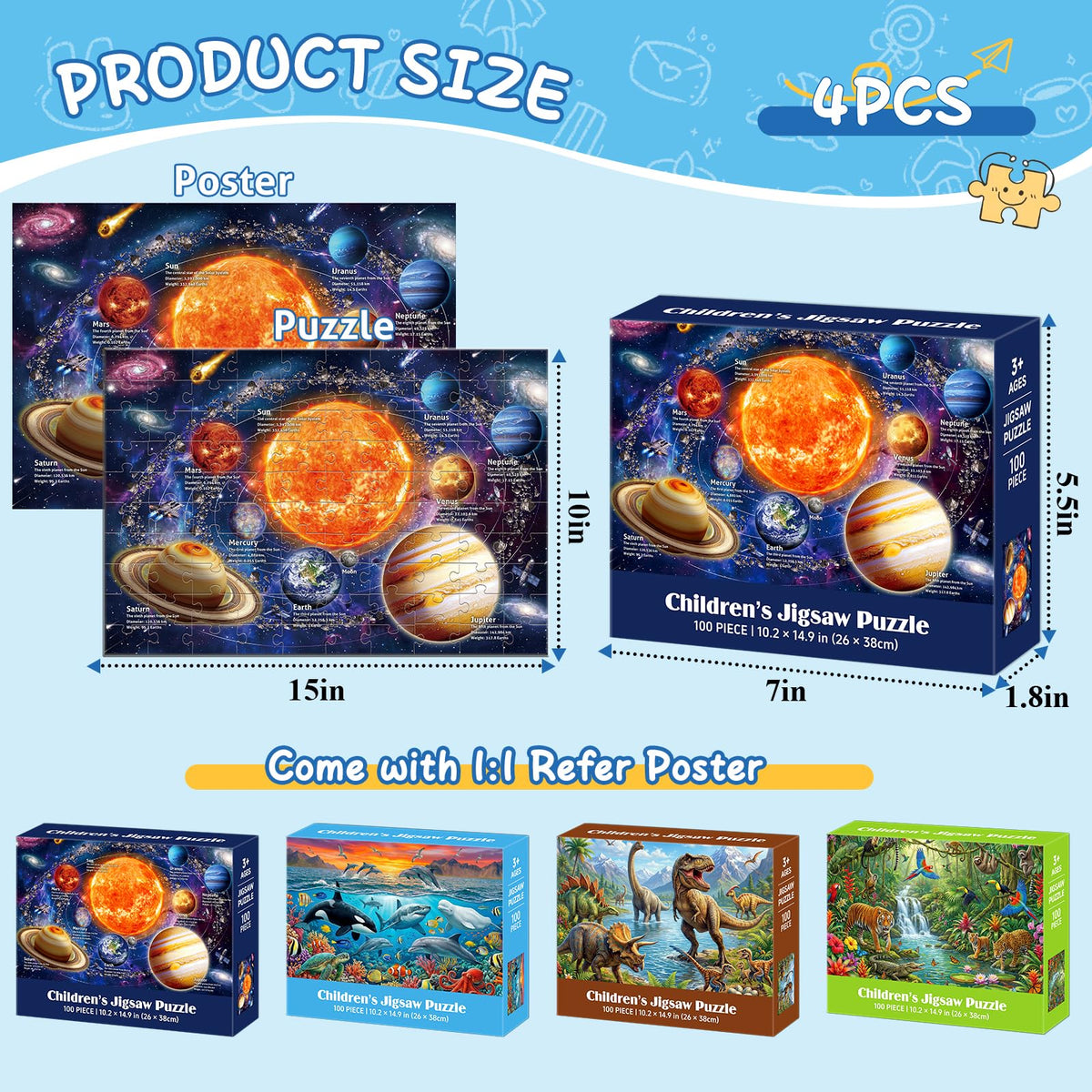 4-Pack 100-Piece Kids Jigsaw Puzzle Set with Space & Animals