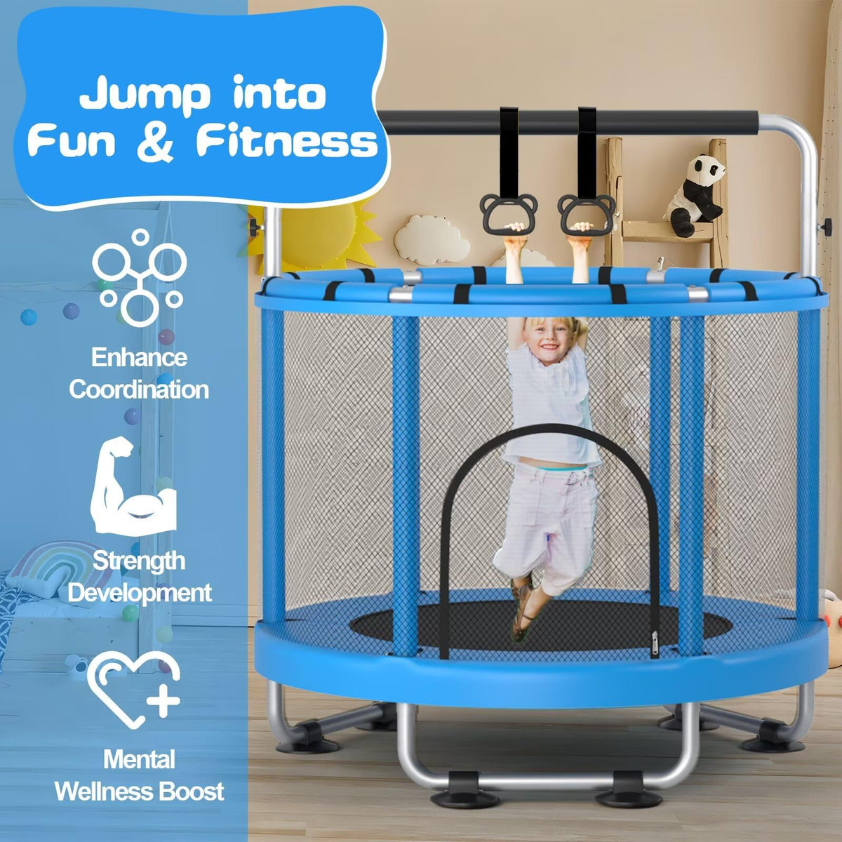 55-Inch Kids Trampoline with Enclosure & Gymnastics Bar