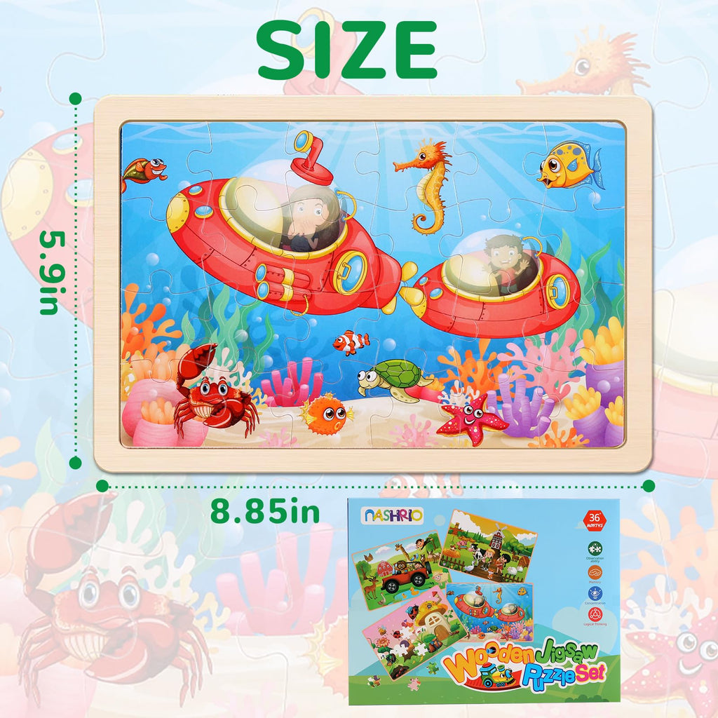 NASHRIO 4-Pack Wooden Jigsaw Puzzles for Kids Ages 3–6