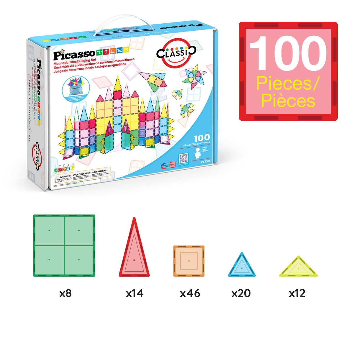 PicassoTiles 100-Piece Magnetic Building Tiles for Kids 3+