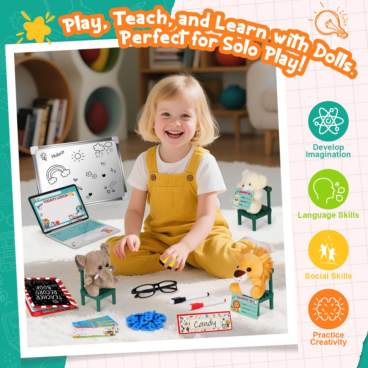 Kids Teacher Pretend Play Set with Dolls for Ages 6+