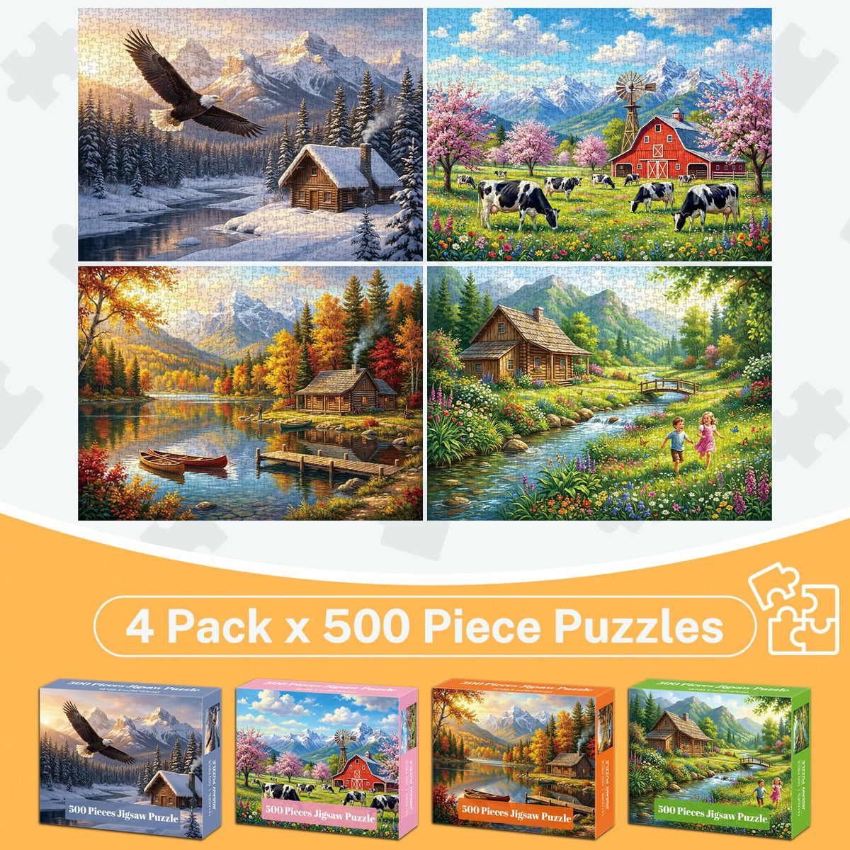 4-Pack 500-Piece Four Seasons Jigsaw Puzzles for Adults