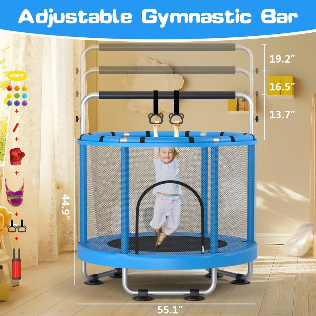 55-Inch Kids Trampoline with Enclosure & Gymnastics Bar