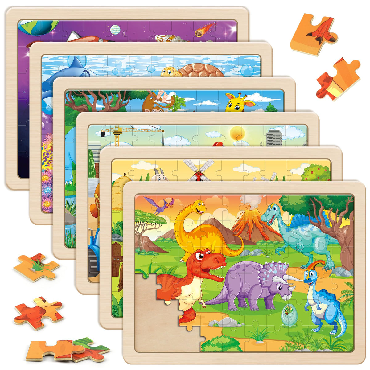 SYNARRY 6-Pack Wooden Jigsaw Puzzles for Kids Ages 4–6