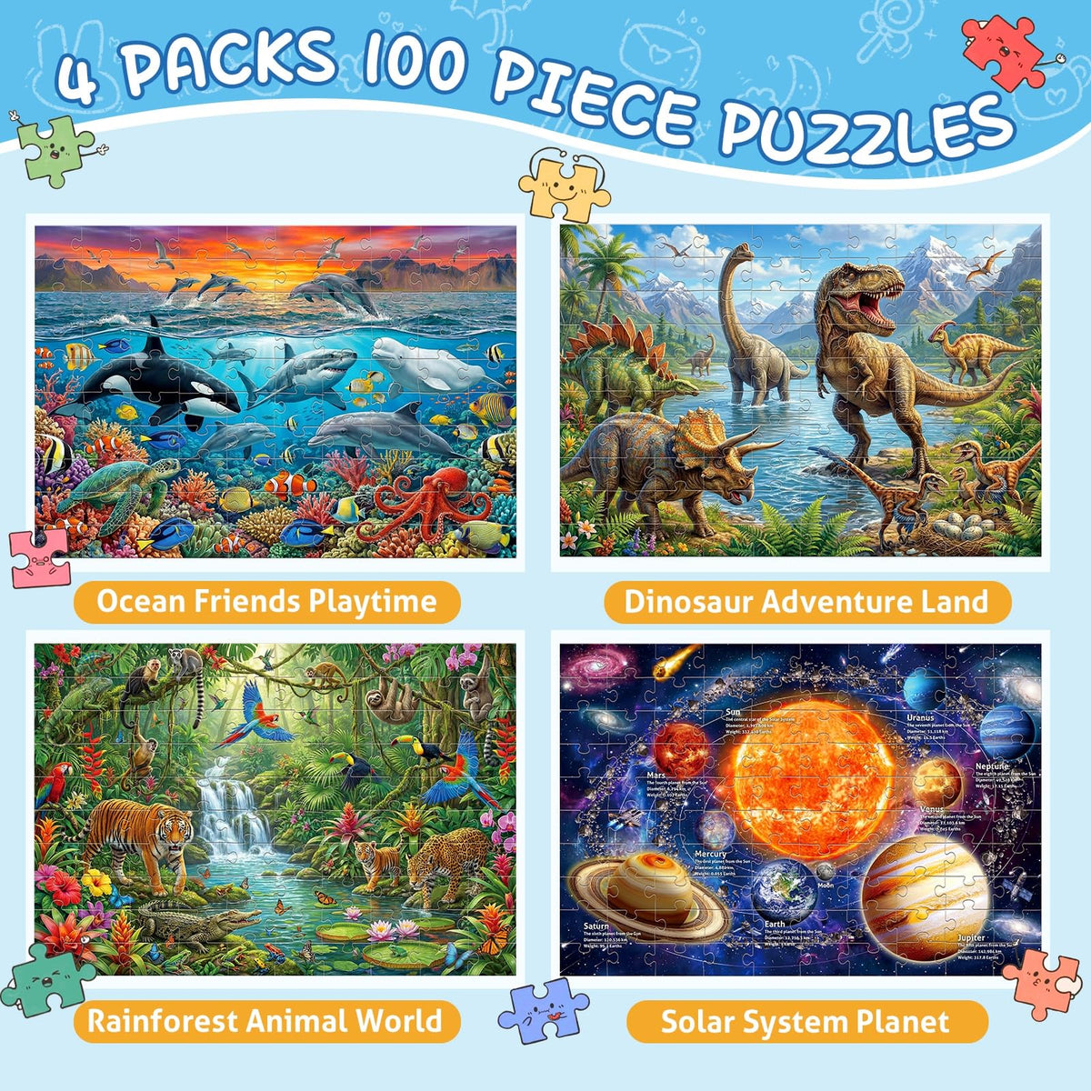 4-Pack 100-Piece Kids Jigsaw Puzzle Set with Space & Animals