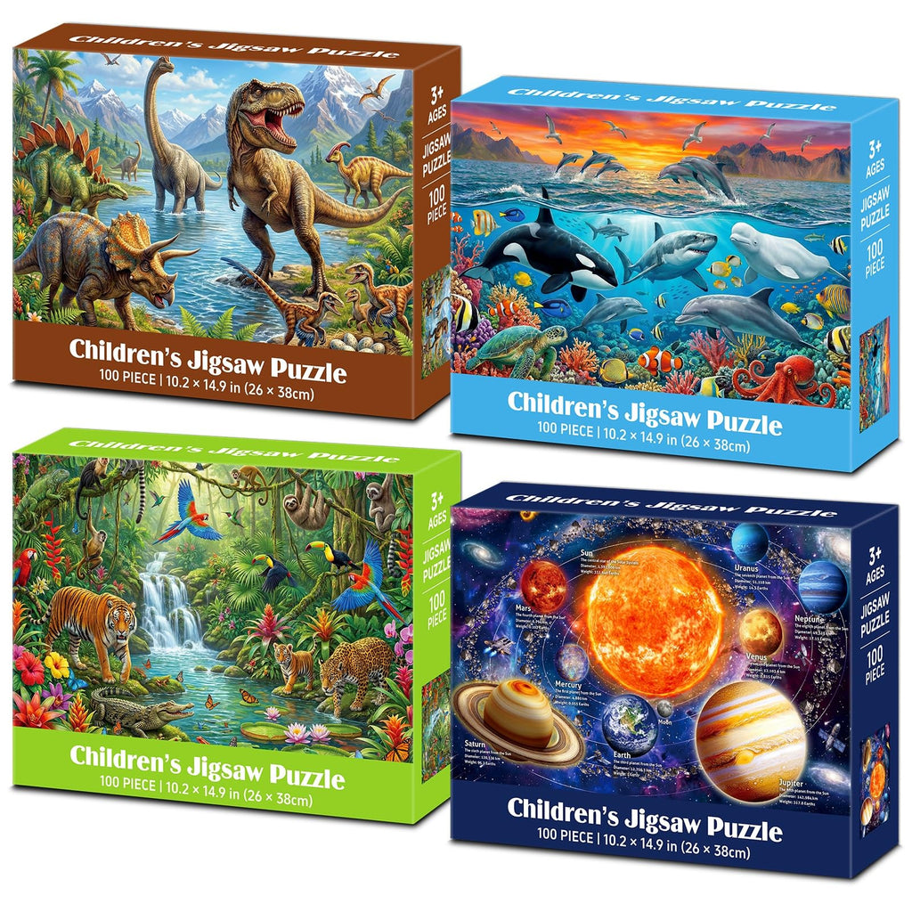 4-Pack 100-Piece Kids Jigsaw Puzzle Set with Space & Animals
